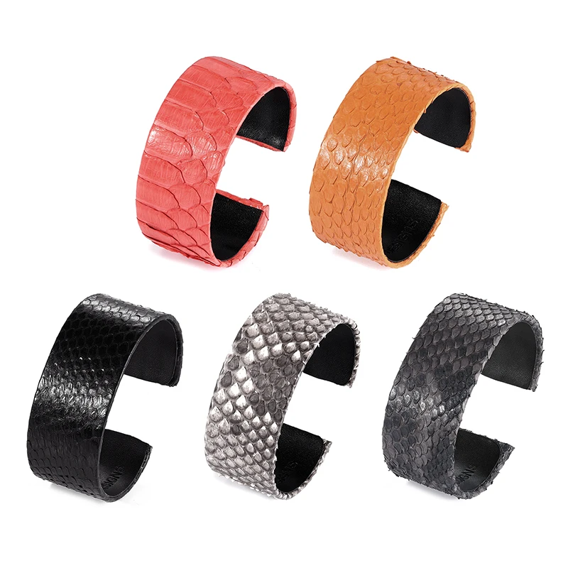 Genuine python opening wrist hand band cuff bracelet jungle snake skin leather bangle ring round bracelet for mans and womens