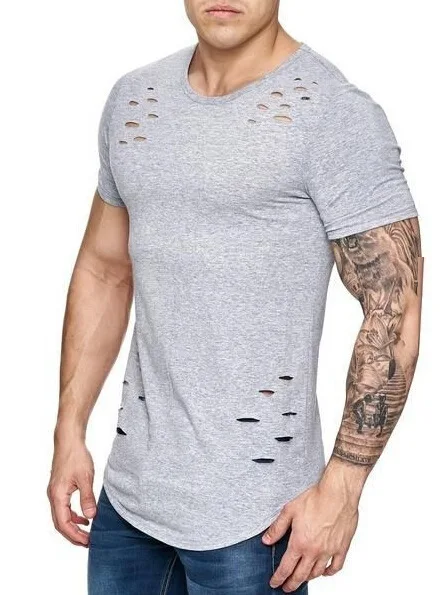 Wholesale Distressed T Shirt Scoop Neck T Shirt For Men Tees Hipster Baggy Short Sleeve T Shirts Custom