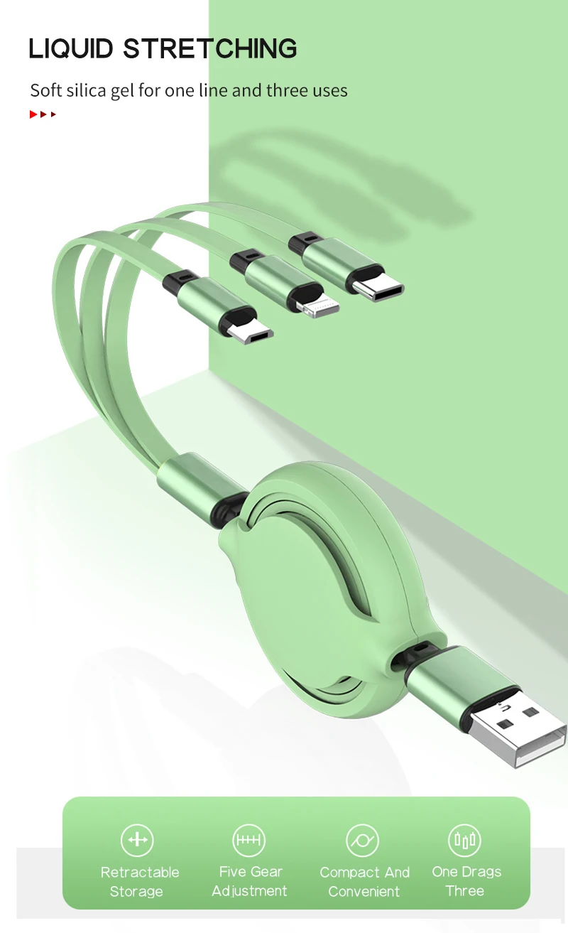 3 в 1 многофункциональный выдвижной прочный высокоэластичный USB-кабель Type-C IOS быстрая передача зарядного устройства для телефонов и