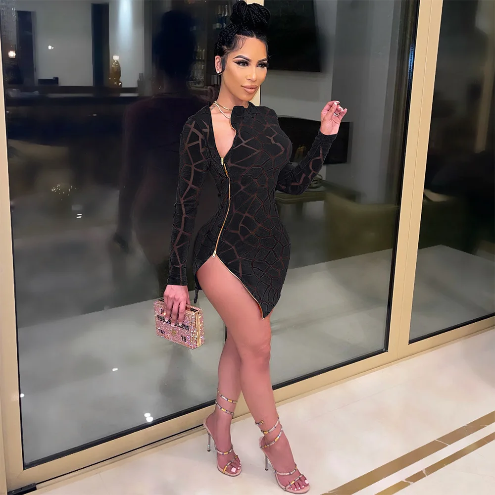 Fashion 2022 New Arrivals Hollow Out Sexy Dresses Women Flocking Double-sided Zipper Long Sleeve Dress
