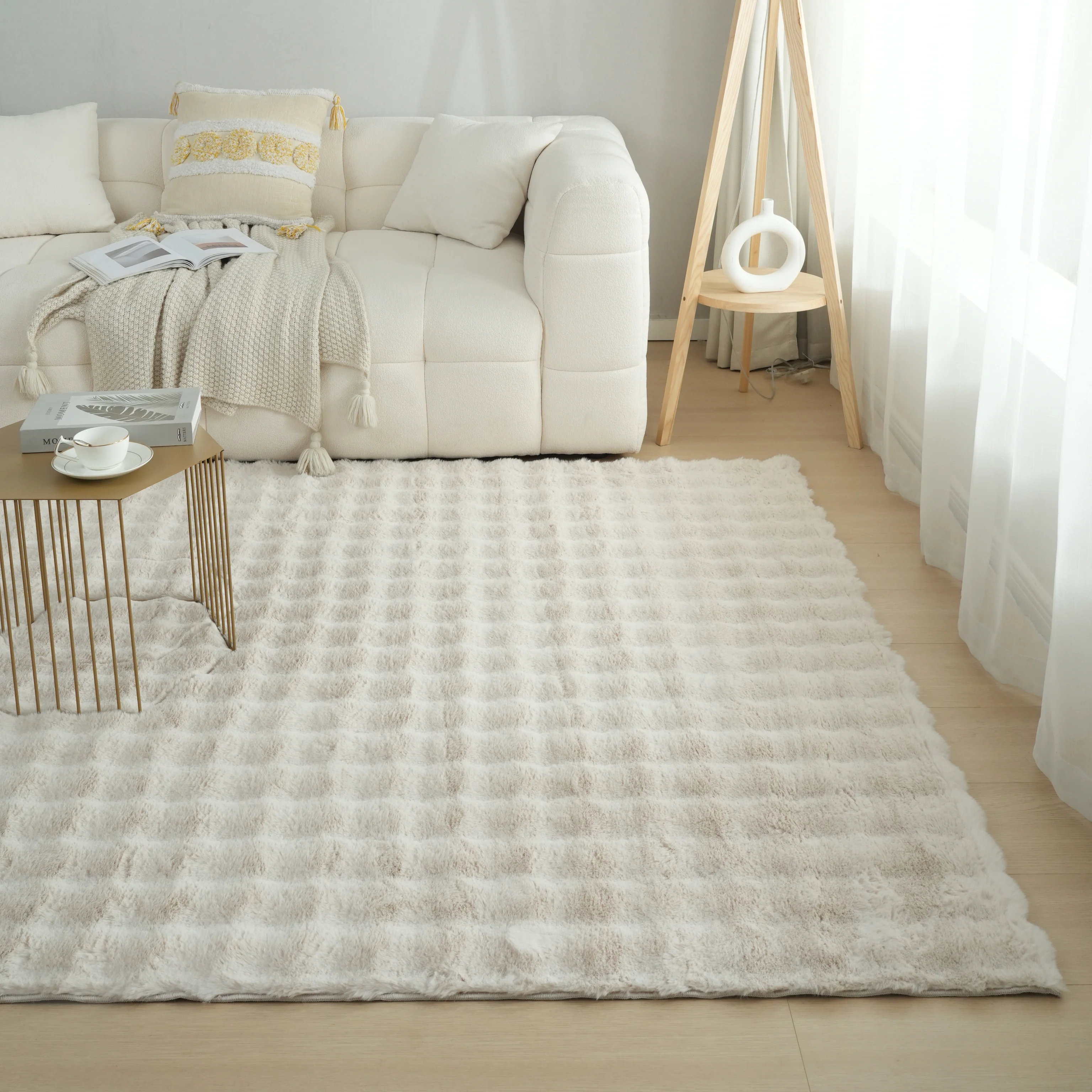 Faux Rabbit Fur Fluffy Soft Area Rug Rectangle Fuzzy Carpet for Living Room Bedroom 3D Bubble Rug