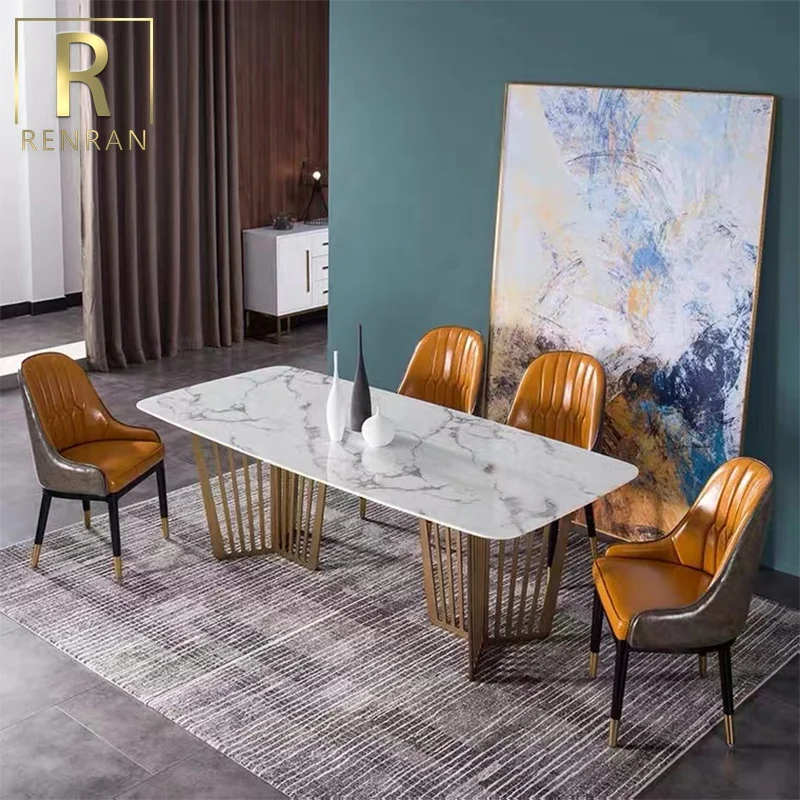 Fashionable home furniture modern popular high quality luxury modern white marble stone top rectangle long dining table