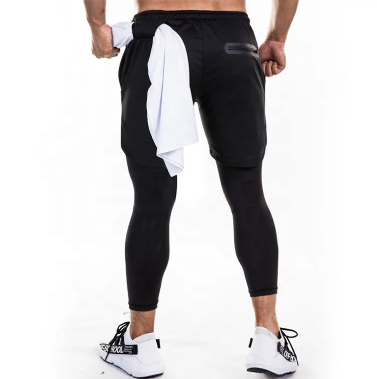 Hidden Pocket Quick Dry Breathable Fitness Pants Towel Loop Double Layer Lined Elastic Gym Pants Men for Training Sport Running