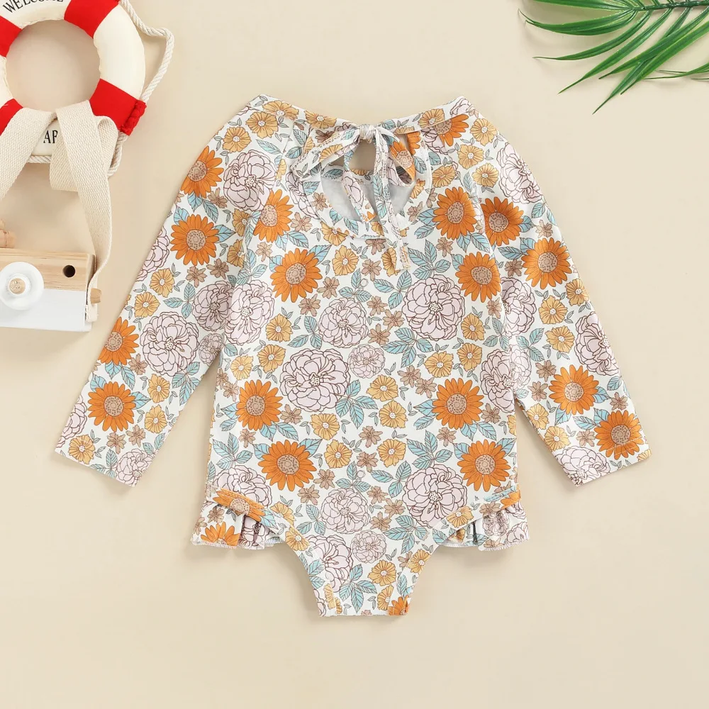 Cute Toddler Baby Girl Swimwear Long Sleeve Infant Bathing Suits Floral Heart Print Ruffle Swimsuit Kids Summer Beachwear