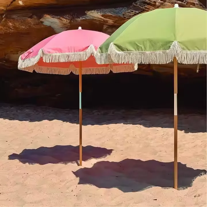 Modern Wooden Pole Canvas Waterproof Patio Swimming Pool Garden Wooden Outdoor Sun Beach Umbrella With Tassels