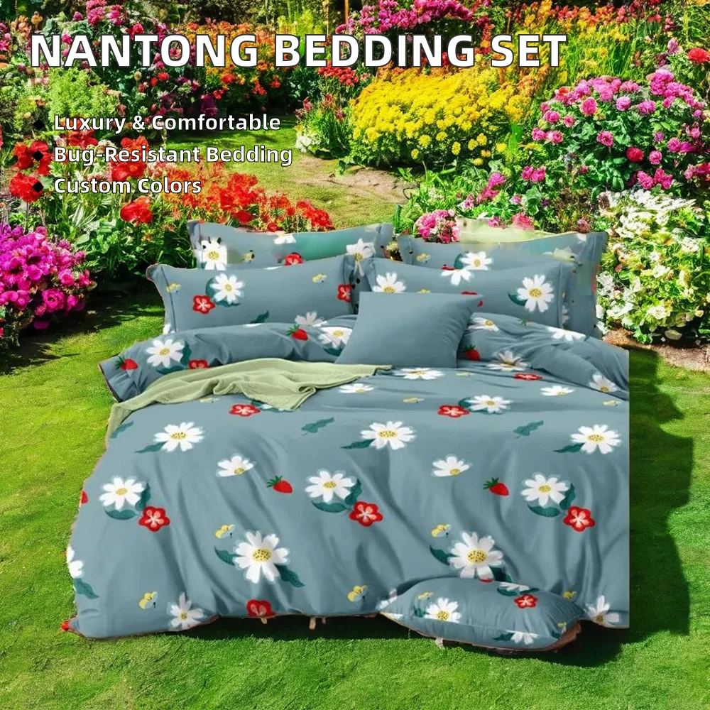 Nantong 100% Polyester Bedding Set Colored Embroidery 4-Piece Hotel Bed Linen/Bed Sheet Home 300TC Character Pattern Wholesale