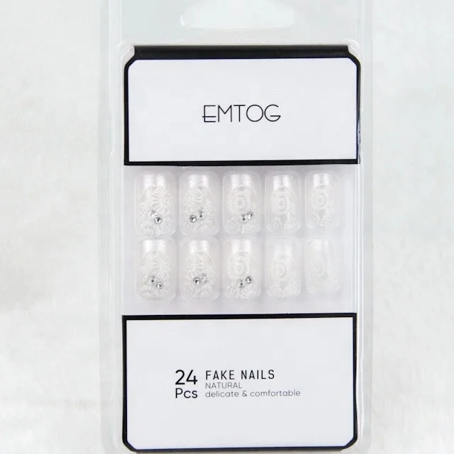 Lace Flower 24 Pcs/box Back Glue Pre Designed Press on Artifical False Nail Tips Wedding Veil Bride Wear Nails White Finger ABS