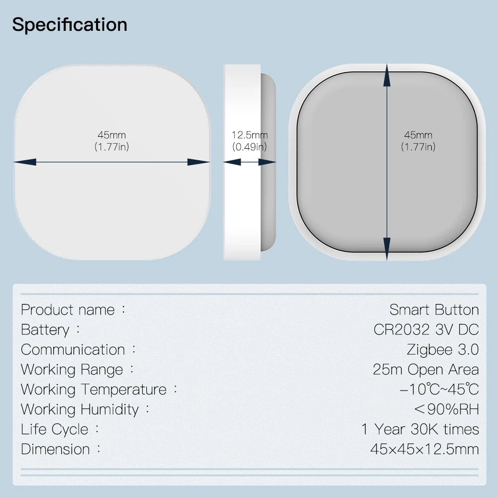 LifeLibero Tuya Smart Home Zigbee Smart Button Working Range 25M Open Area With CR2032 3V DC Smartly Trigger the Scene Switch