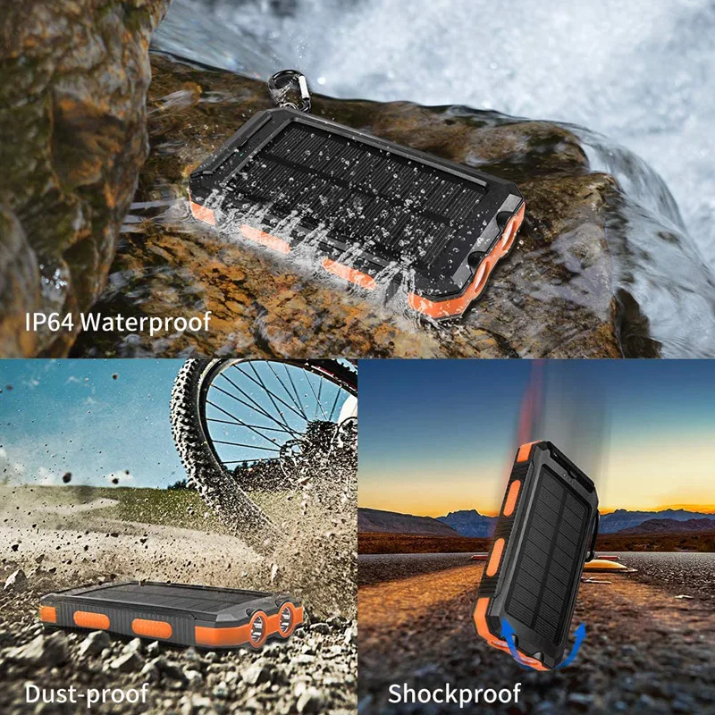  Солнечный внешний аккумулятор водонепроницаемый 20000mAh Солнечное зарядное устройство USB порты Внешнее Powerbank со светодиодной