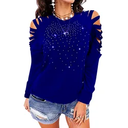 Autumn and winter new round neck hot drilling hollow long-sleeved off-the-shoulder top T-shirt