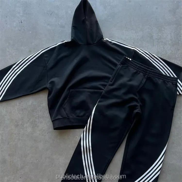 Custom Logo Blank Sweatsuit Two Piece Track Pants Joggers Sets Stripe Black Plain Cotton Tracksuit For Men