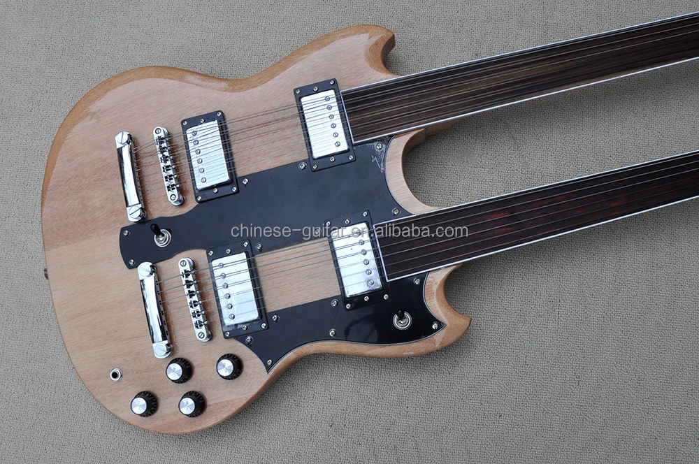 Flyoung Natural wood color Cheap Price Double Neck 6 + 12 Strings Electric Guitar Fretless Guitar