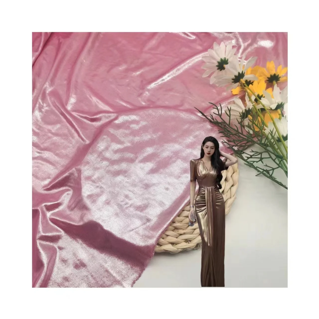 2024 New Fashion Metallic Glitter Shimmer Gold Foiled Knitted 95%P 5%SP Four Way Stretch Foil Fabric for Dress