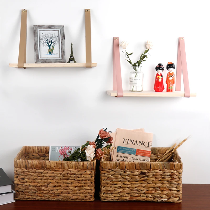 Rustic wooden wall mounted hanging shelf with leather strap wall hanging shelves