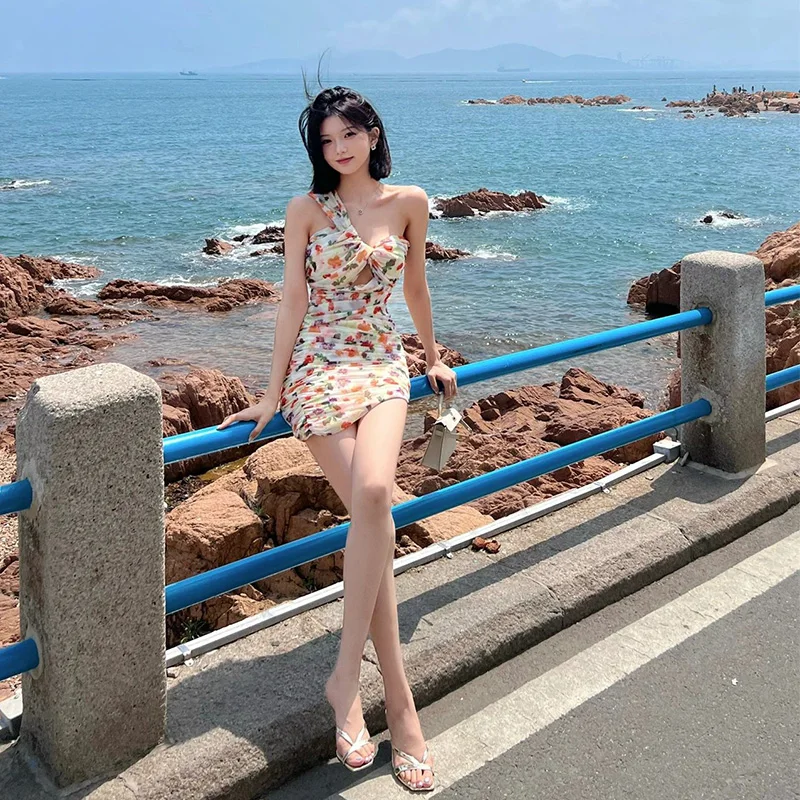 Custom halter skirt summer new French floral oblique shoulder top dress female