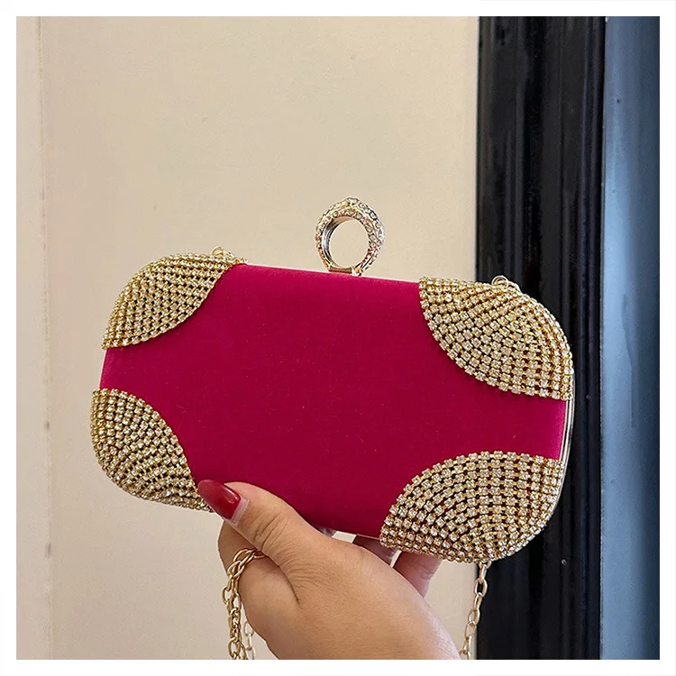 fashion retro party dinner evening bags women handbag single shoulder hand luxury rhinestone suede chain crossbody bag
