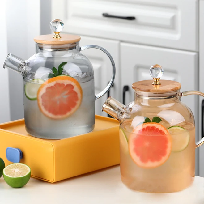 Cheap 1.8 liters Stovetop & Microwave Safe Glass Teapot with Removable Loose Tea Glass Infuser with wooden lid