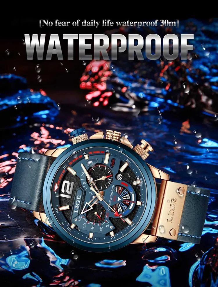 LIGE LG8959 new arrival blue male quartz watch low cost PU leather band 3 dials chronometer old sports hand watch