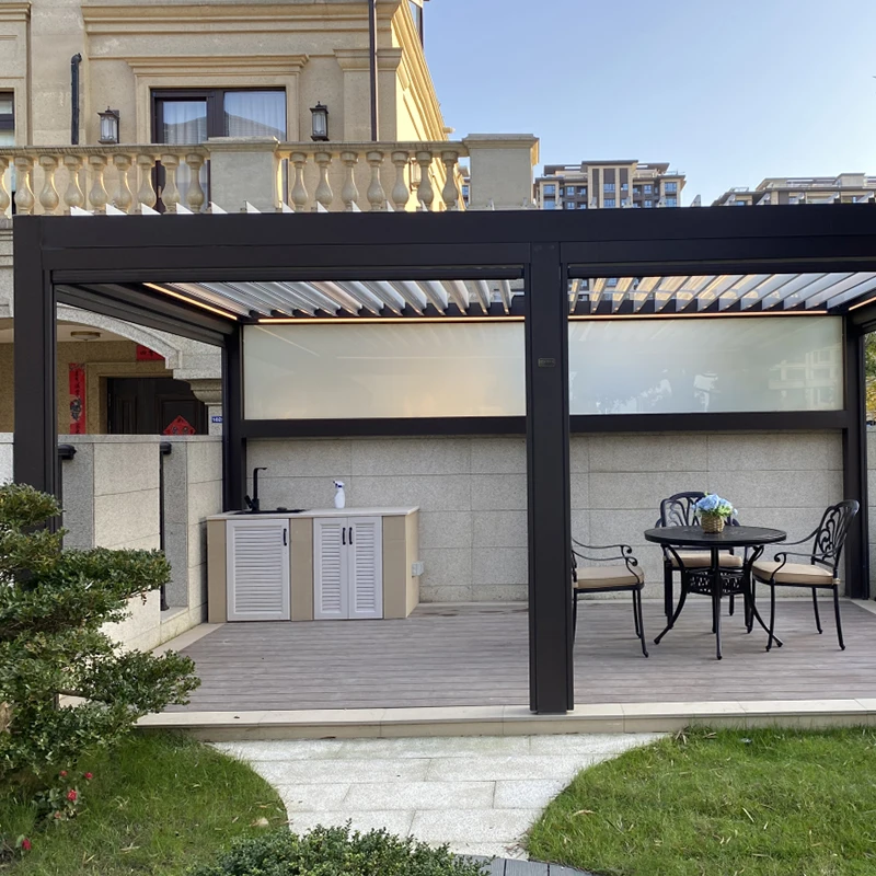 Прямая Продажа с завода моторизованные алюминиевые жалюзи крыша беседка наружная Водонепроницаемая боковыми экранами