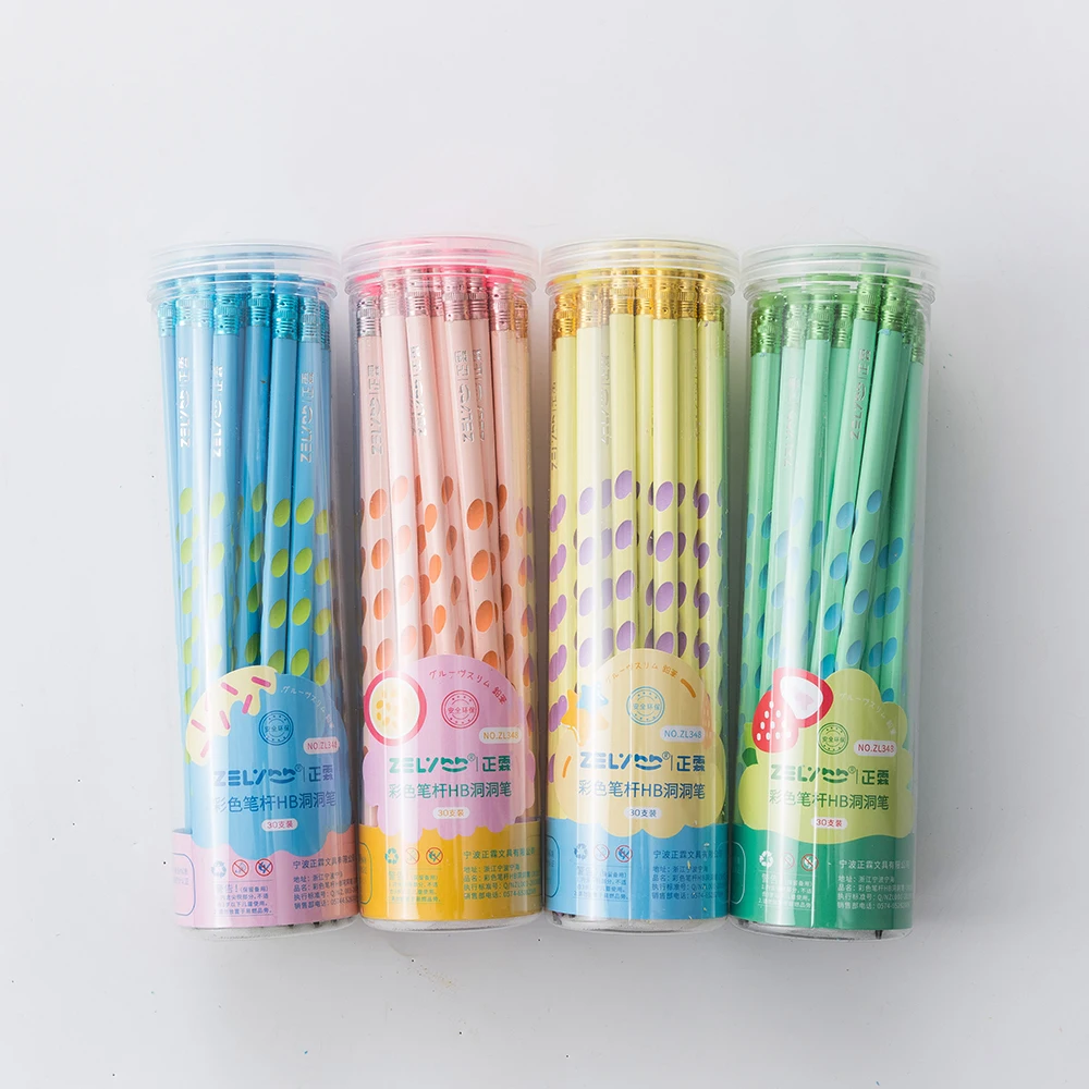 ZL348 Korean Hot Sale Wholesale PVC barrel packing Slim Groove Pencil 7 inch 2.6mm lead Triangular shape HB pencil with holes