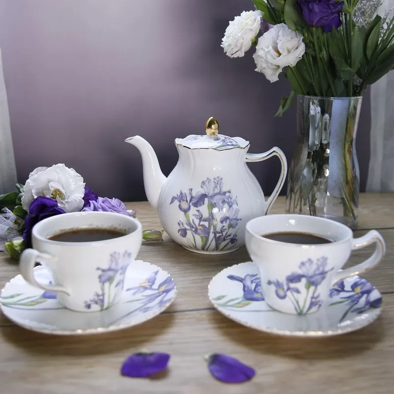 High End European Purple Iris Ceramic Teapot Coffee Cup And Saucer Kit Light Luxury Bone China Tea Cup Gift Sets