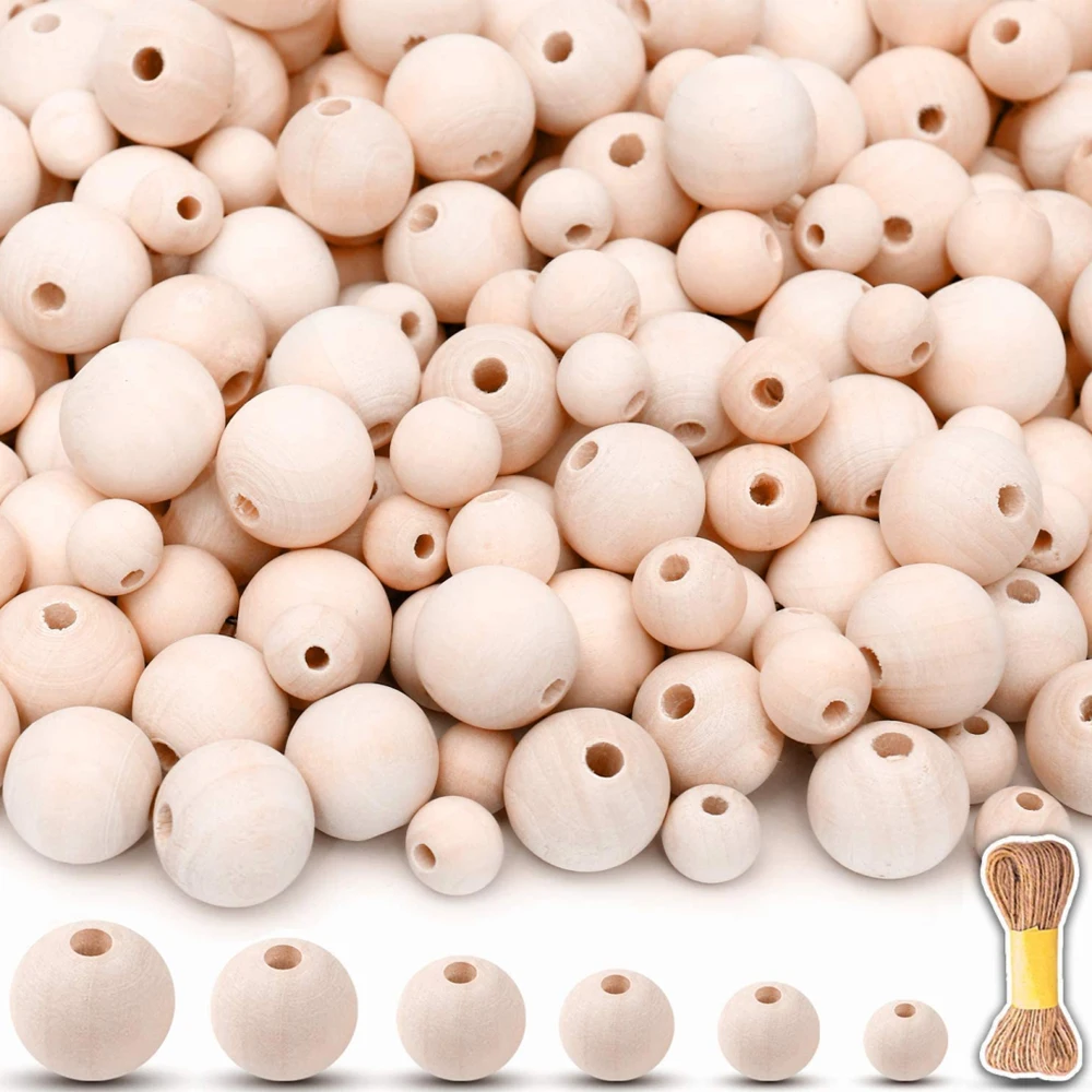 500 pieces 6 sizes of various unpolished wooden beads, used for wreaths, farmhouse decoration, jewelry making,DIY handicrafts
