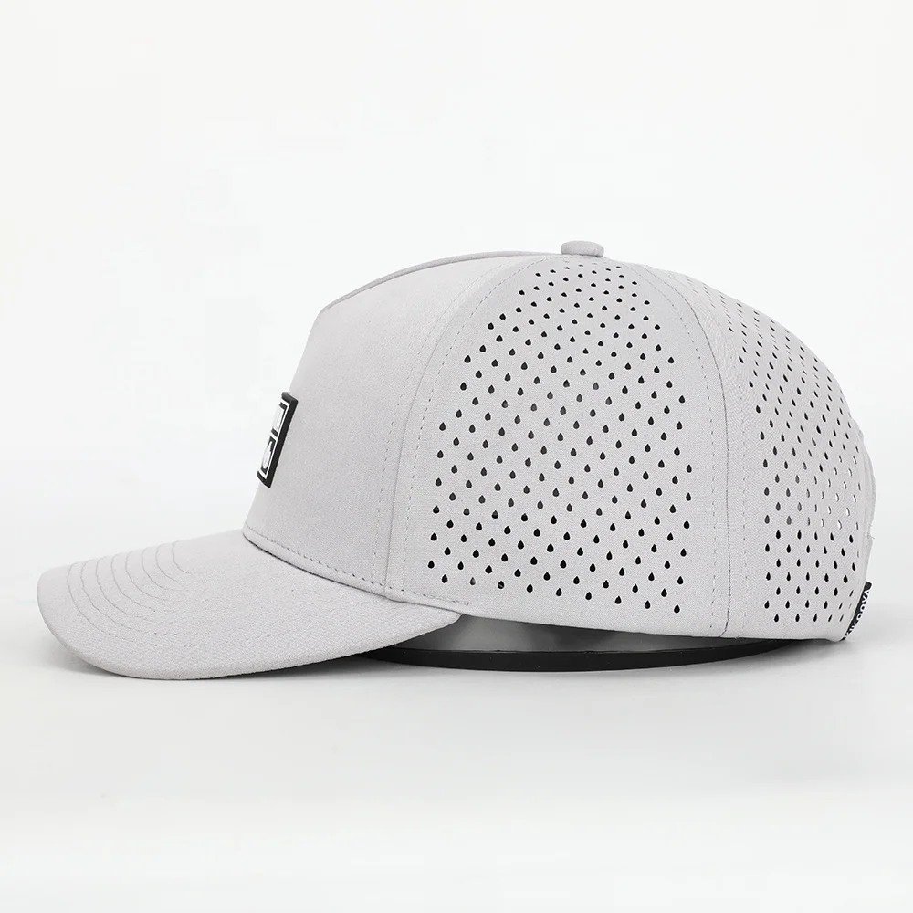Wholesale Custom PVC Patch Logo 5 Panel Running Sport Laser Cut Hole Gorras Dad Hat Polyester Golf Performance Baseball Cap