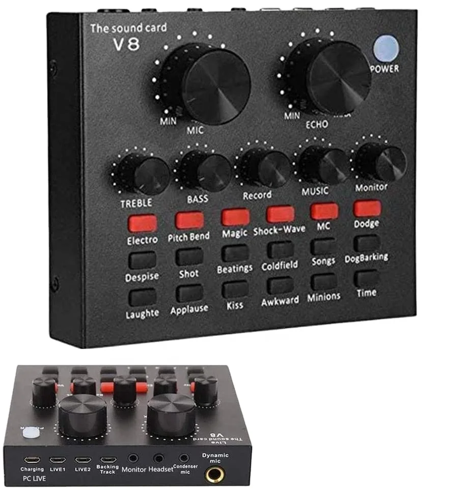 
V8 Sound Card for Live Streaming, Voice Changer Live Sound Card with Effects, BT Audio Mixer for Music Recording 