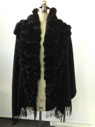 Wholesale cheap fashion warm Rex rabbit shawl winter lady pretty clothing rabbit pom fur shawl