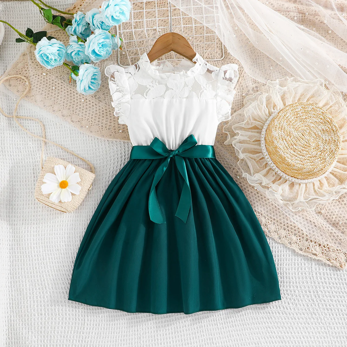 4-7Y kids wholesale clothes summer petal sleeves children daily wear casual clothing girls elegant dress with belt