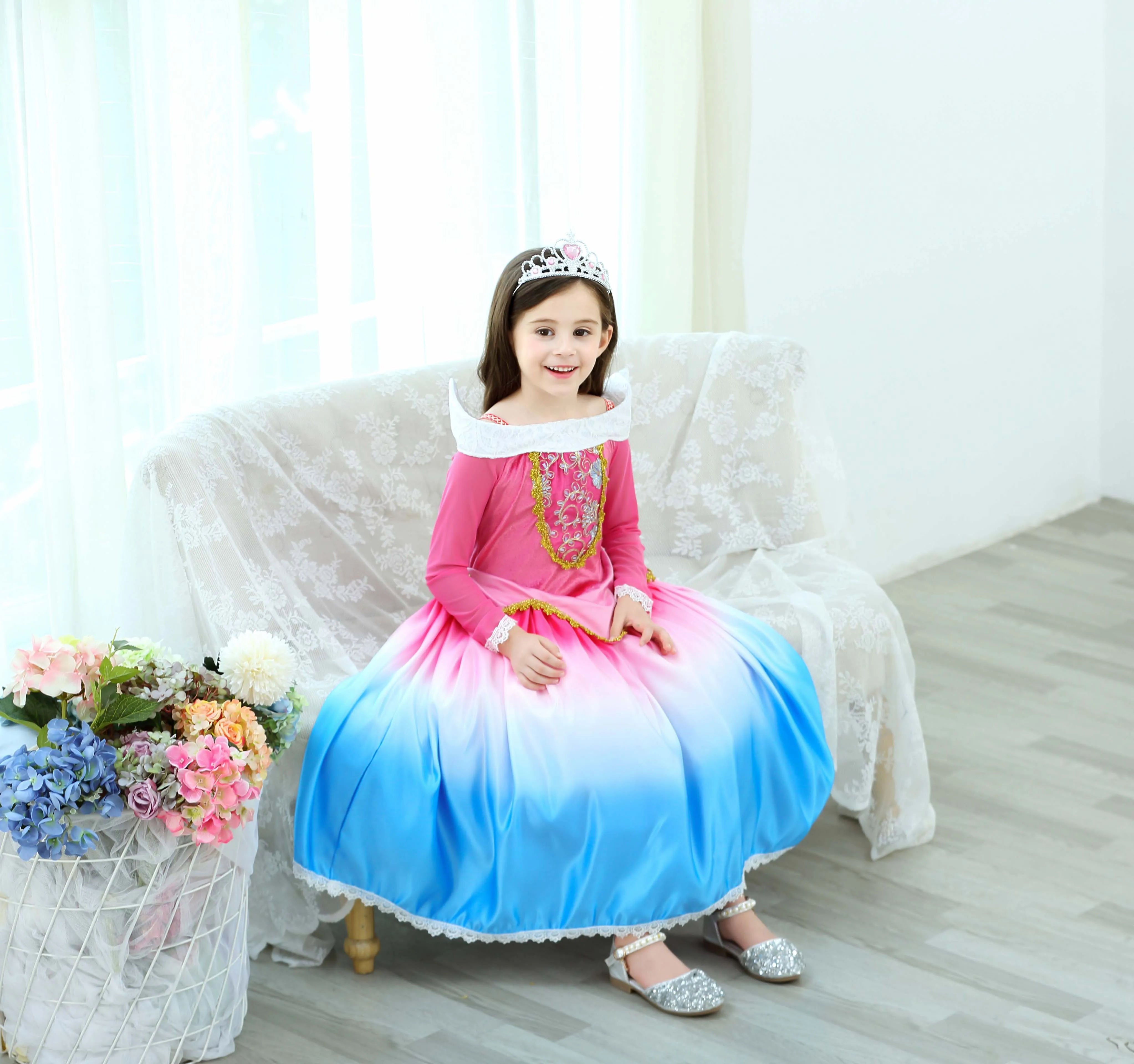 NEW Aurora Princess Girls Costume Dress Up Kids Rose Red  Gowns  Halloween Christmas Baby Party Garments D62