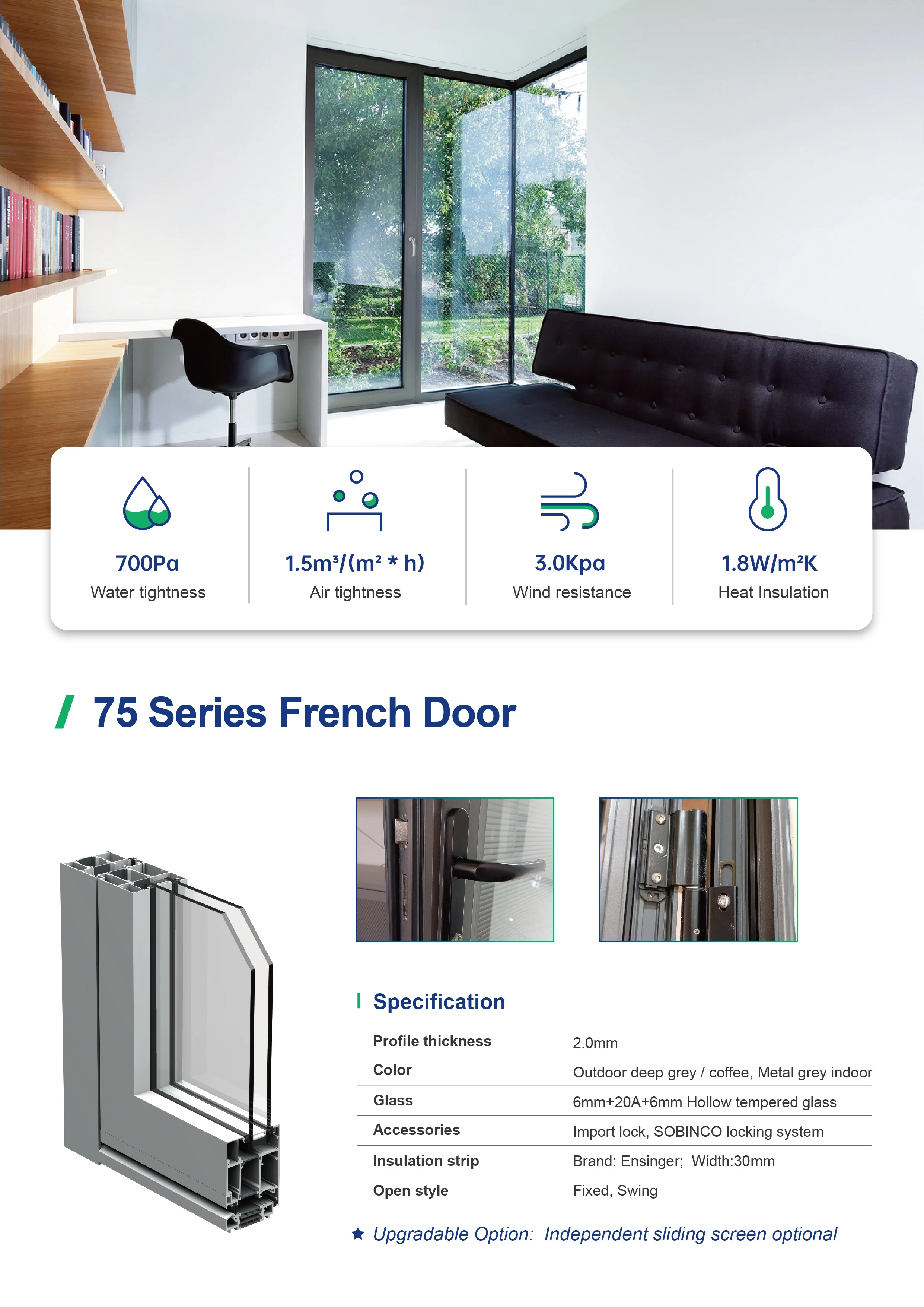 Greensee Frame Thick 2mm Glass 6mm Thermal Insulation 2.0w/m2k Swing Double Glazed Casement Glass Door