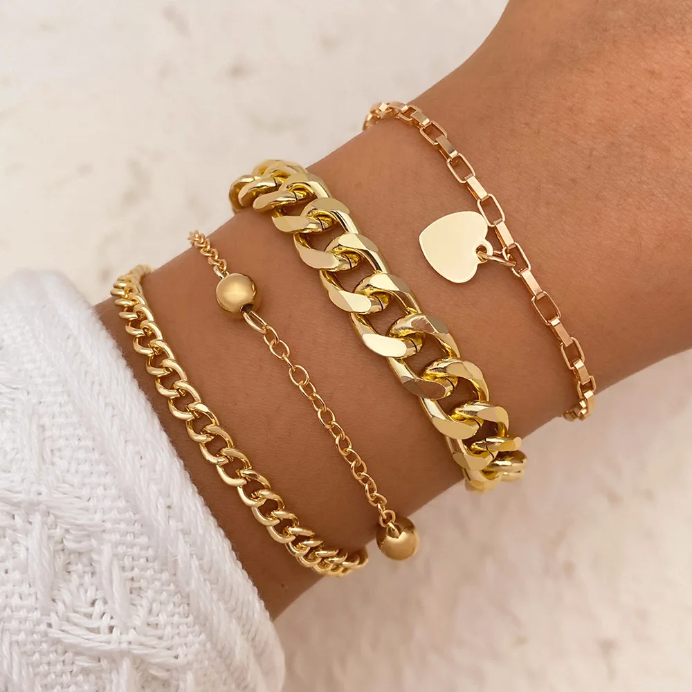 Personalized Thick Chain Bracelet Gold Shiny Chain Bracelet Set Jewelry Trendy Women Girls