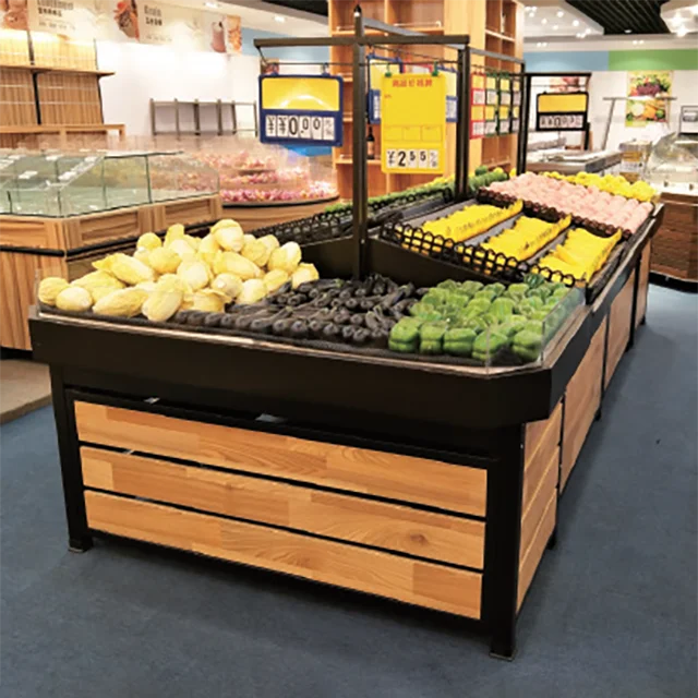 FDKL modern double sided supermarket fruit display stand vegetable shelves for sale