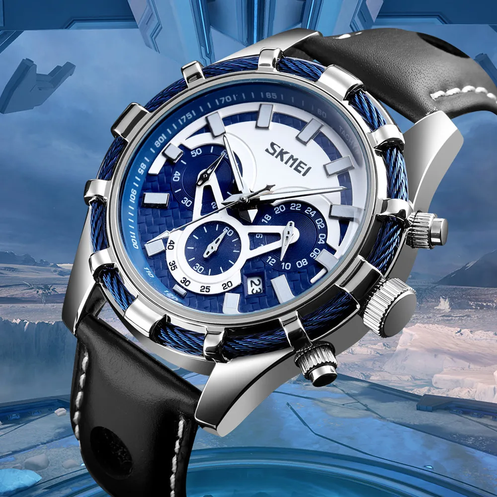 best selling SKMEI 9189 genuine leather men quartz watches with chronograph