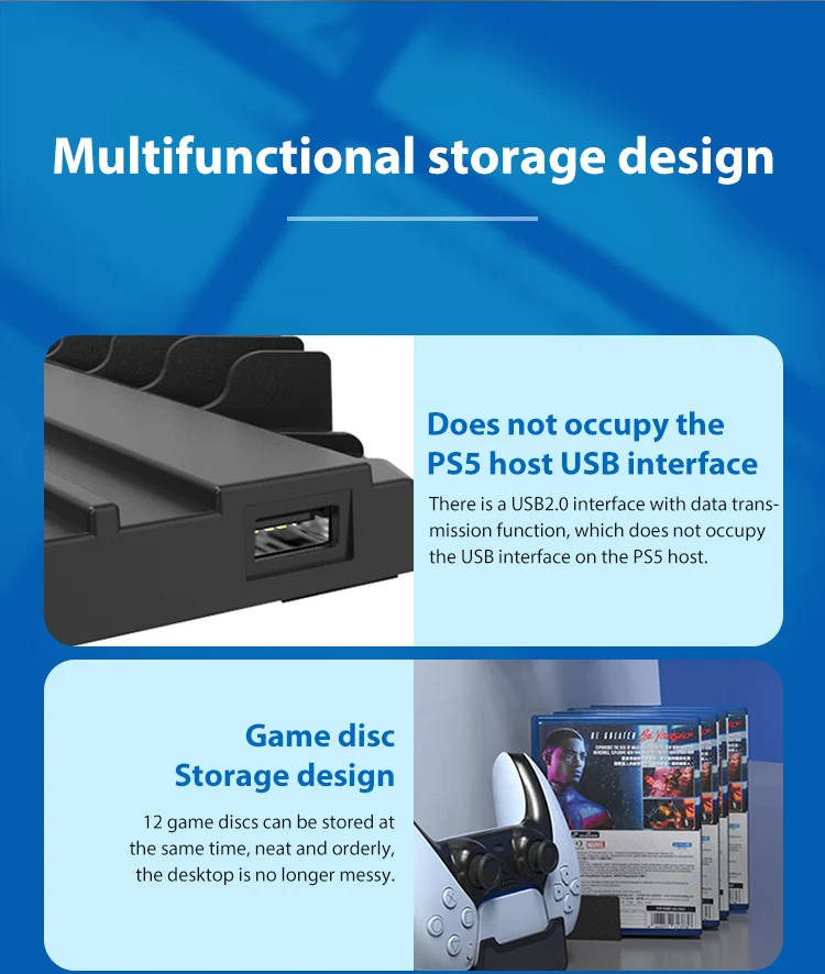 PS5 Game Console 5 Vertical Stand Base with Controller Charging Station and Game Storage Slots for PS5