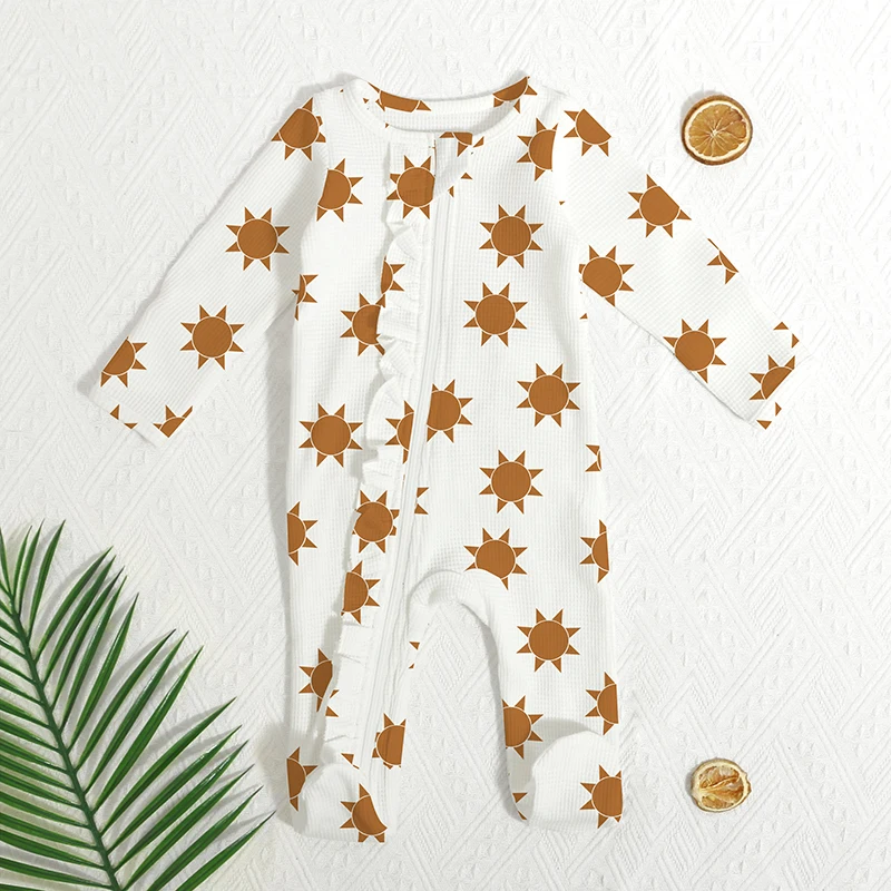 Organic Rib Printed Newborn Jumpsuit White Sleeve Cover Placket Zipper Infant Bodysuit Sun Back Lace Baby Rompers