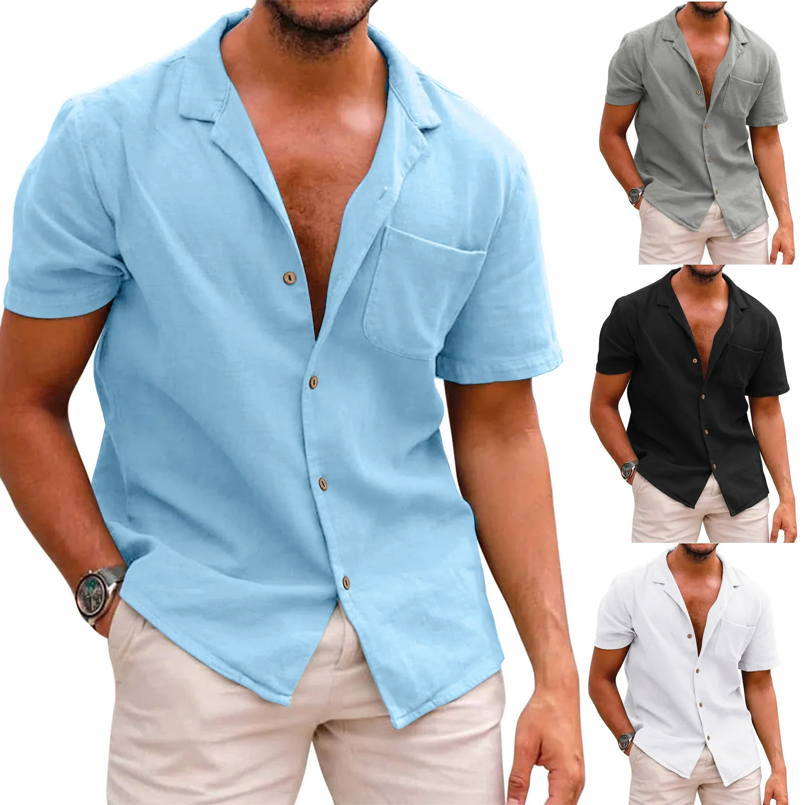 Wholesale Fashion 2023 Casual Loose Sweatshirt Large Solid Color Cotton Linen Short Sleeve Shirts For Men