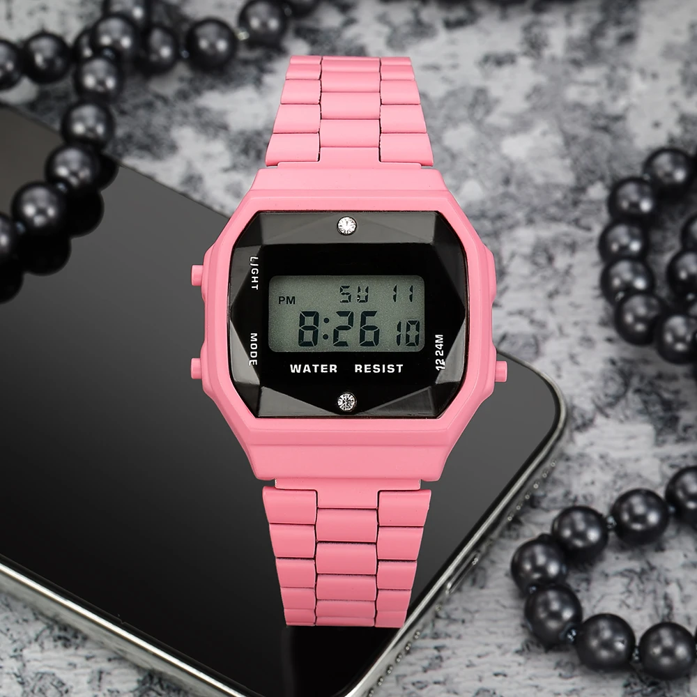 Electronic Digital Watch Rainbow color Fashion steel diamond women luxury digital watch F91W color sports watch