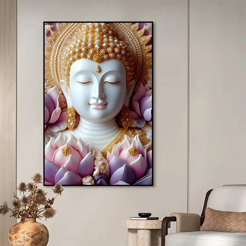 Golden Buddha seated statue painting high-definition printing crystal painting Buddhist wall art religious murals with diamonds
