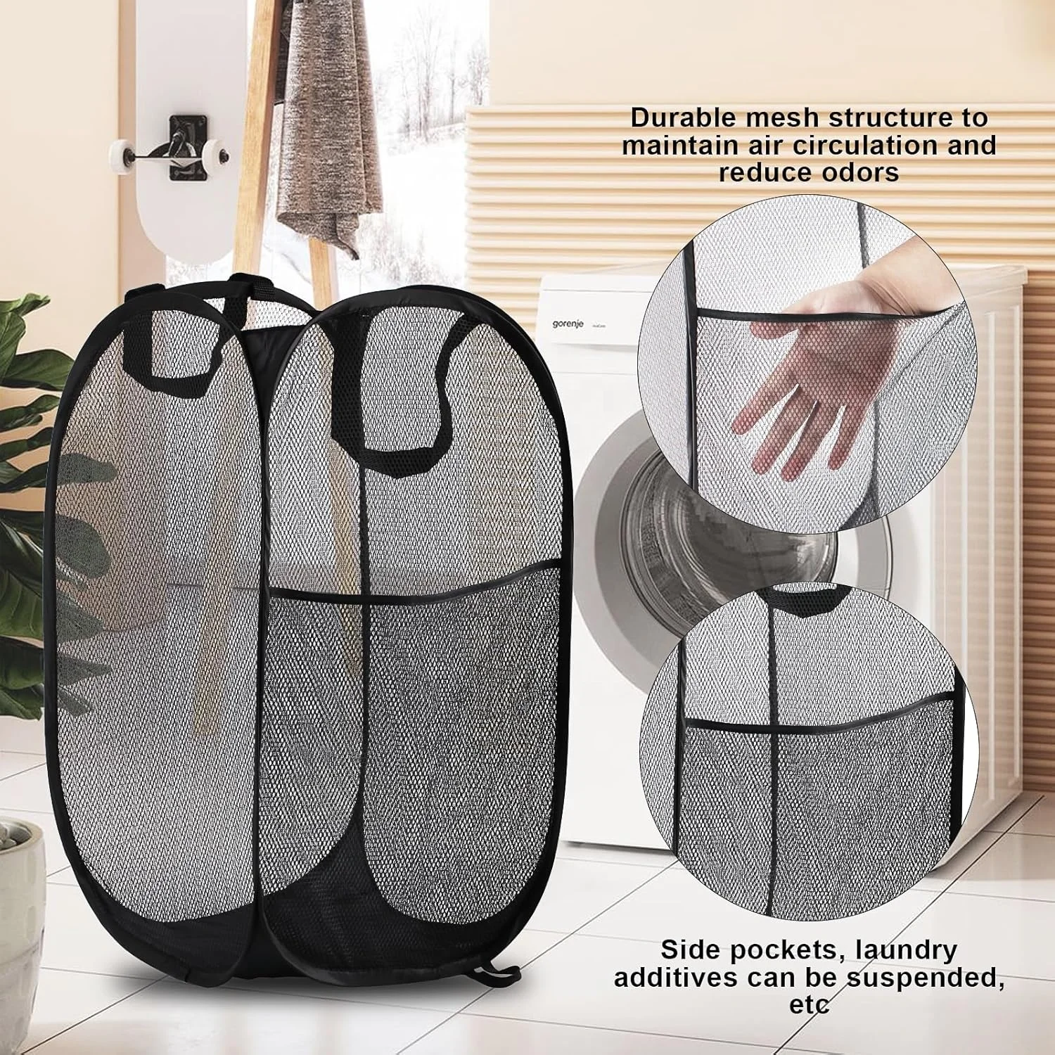 Polyester Foldable pop up hamper bags storage baskets with handle durable mesh collapsible laundry baskets