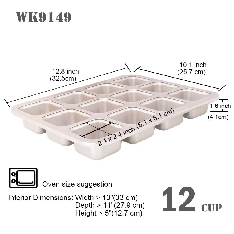 CHEFMADE WK9149 Carbon Steel Bakeware 12-Cavity Non-Stick Square Muffin Pan Blondie Brownie Cake Pan for Oven Baking