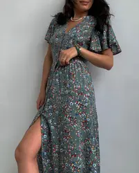 Flared Sleeve Vintage Style Floral Print Slit Women Dress Casual Design Women V Neck Dress