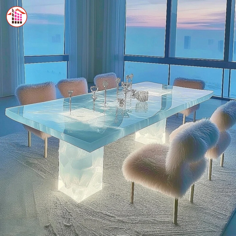 High quality luxury translucent stone dining table backlit crystal dining table translucent onyx marble custom  dining table