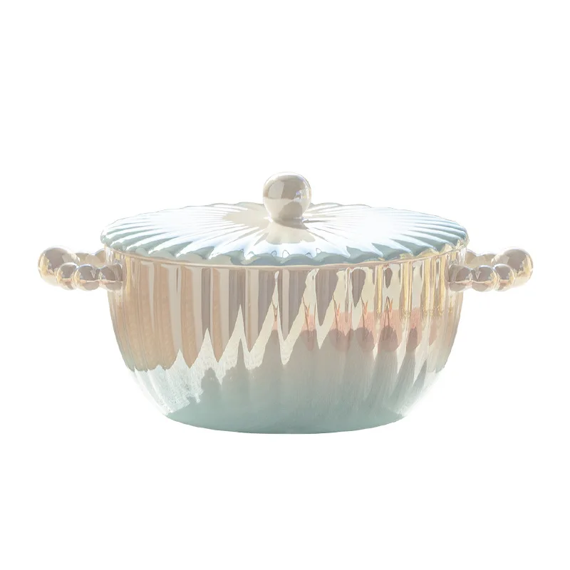 HY Pearl Ceramic Soup Bowl Instant Noodle Bowl with Lid Single Double Ear Delicate Ramen Bowl