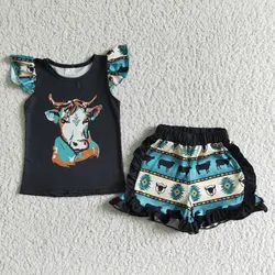 Western Country Cow Summer Clothes Wholesale Children Baby Girl Short Sleeve Farm Shirt Top Set Kid Green Shorts Outfit Clothing