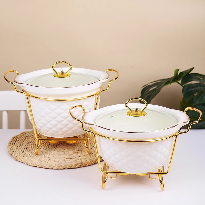 CANHUI China Manufacturer Catering Buffet Porcelain Casserole Chafing Dish Ceramic New Round Food Warmer With Glass Lid