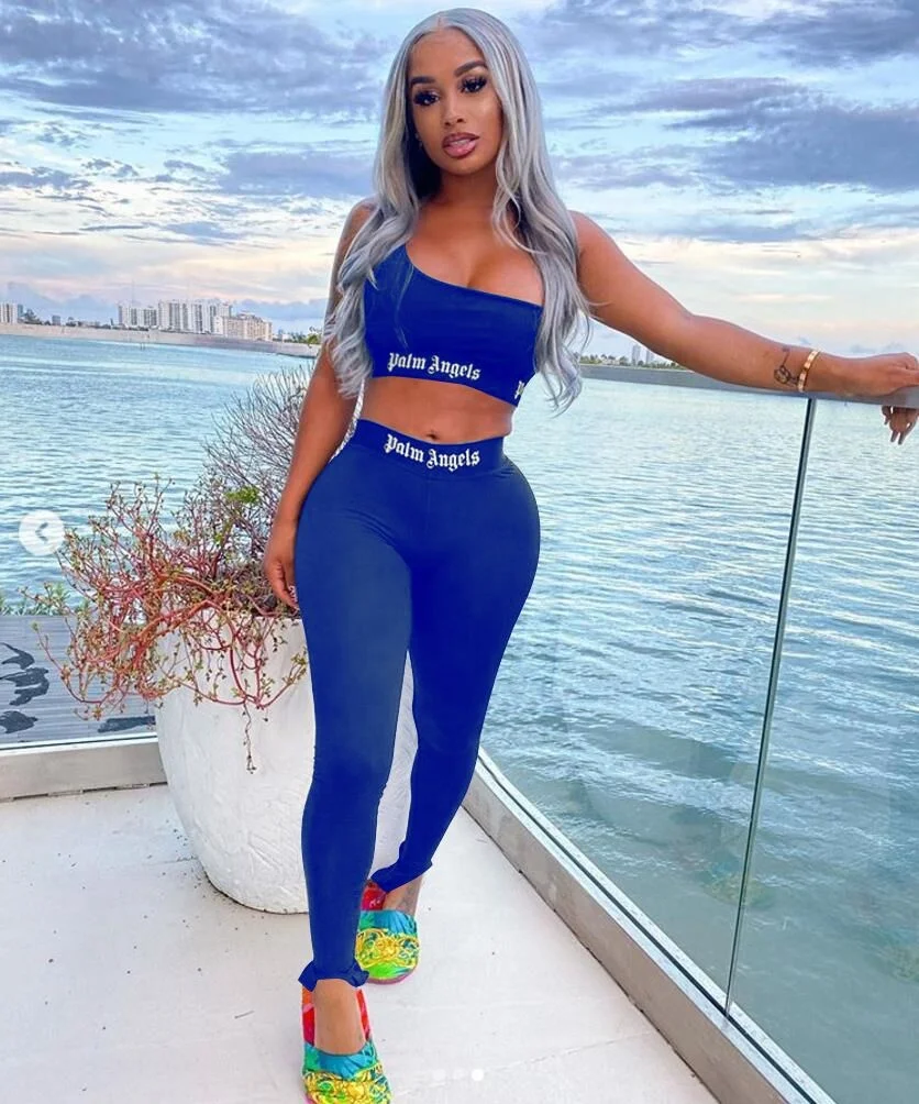 
custom logo women crop top sleeveless one shoulder two piece pants set yoga sports wear biker shorts 