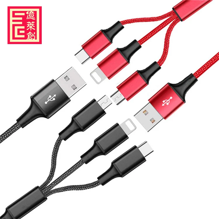 Лидер продаж, нейлоновый тройной однотонный плетеный кабель для быстрой зарядки и передачи данных для Ipone & Micro & Type c 3 в 1, кабель с упаковкой