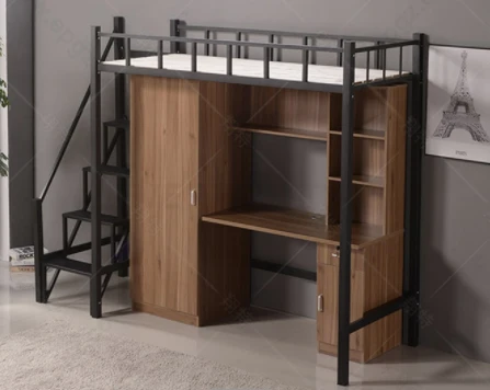 Молодежная Лофт-кровать с деревянным учебным столом для студенческого общежития, металлическая двухъярусная кровать с лестницей и шкафом для продажи